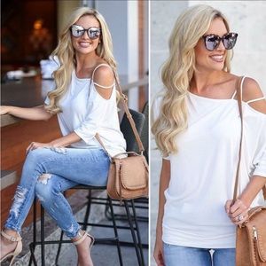 Open Shoulder White Short Sleeve Shirt